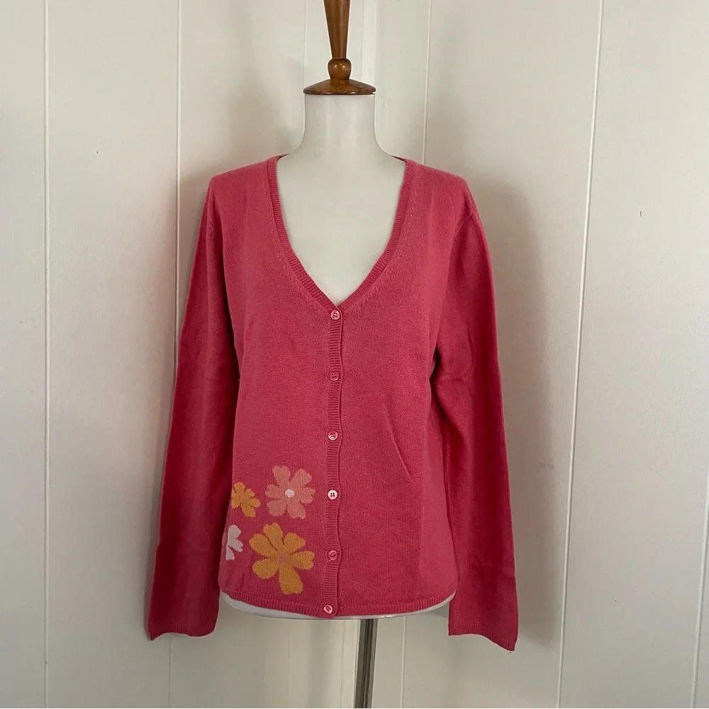 LL Bean Pink Cardigan Sweater Women’s M‎ Silk Cashmere Floral Knit V-Neck - Picture 2 of 8